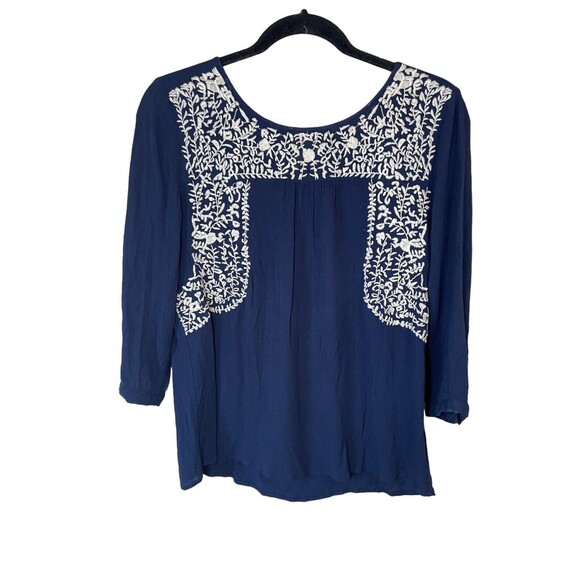Anthropologie Skies Are Blue Sia Embroidered Peasant Top‎ Size SP Navy White - Picture 3 of 13